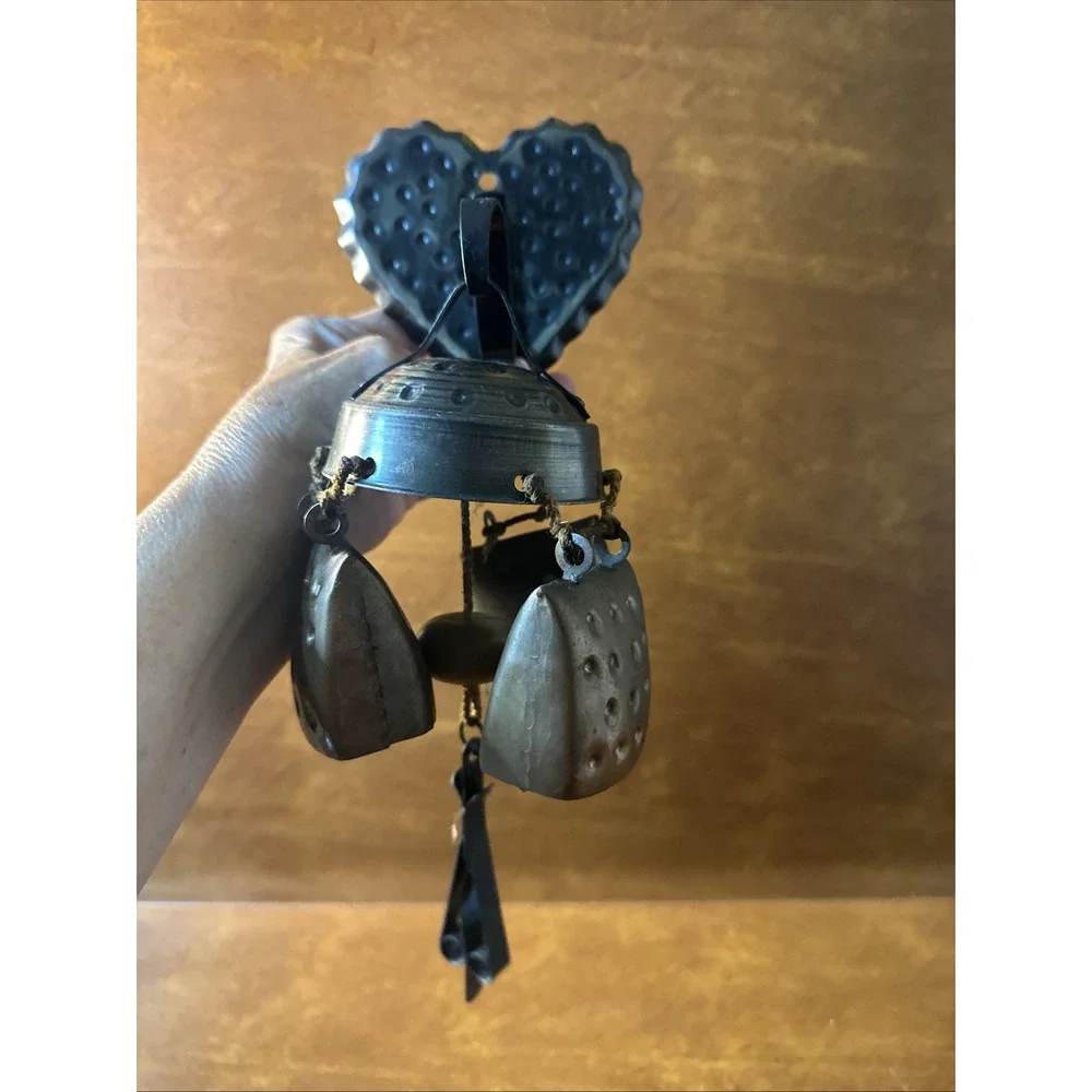 Vintage Hanging Copper Bell Wind Chimes on a Rope /Heart Hook